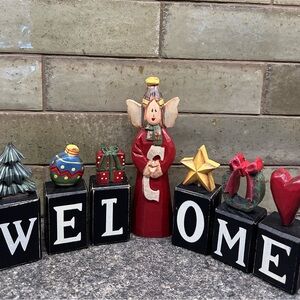 Source Unknown Holiday Welcome Block Set with Red Angel and Festive Icons